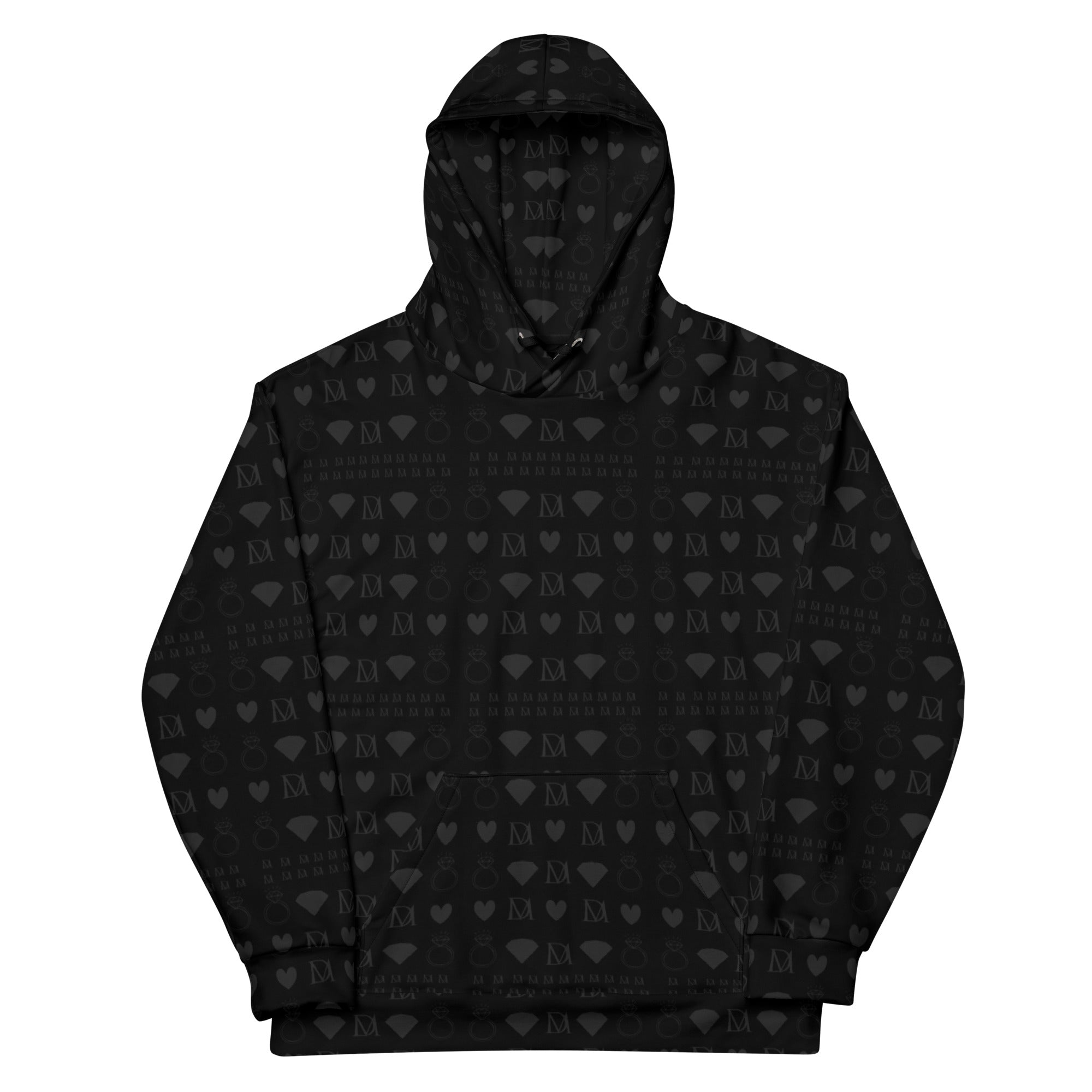 Unisex white hoodie with all-over frosted diamond platinum print by Daemon, featuring a front view and cozy hood.