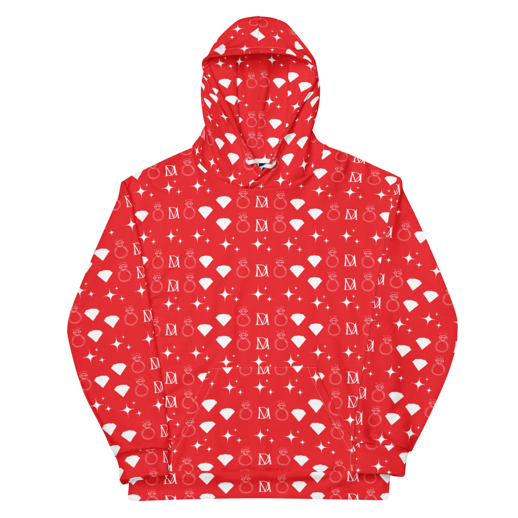 Unisex white hoodie with all-over frosted diamond stardust print, featuring a front pocket and adjustable hood, by Daemon.