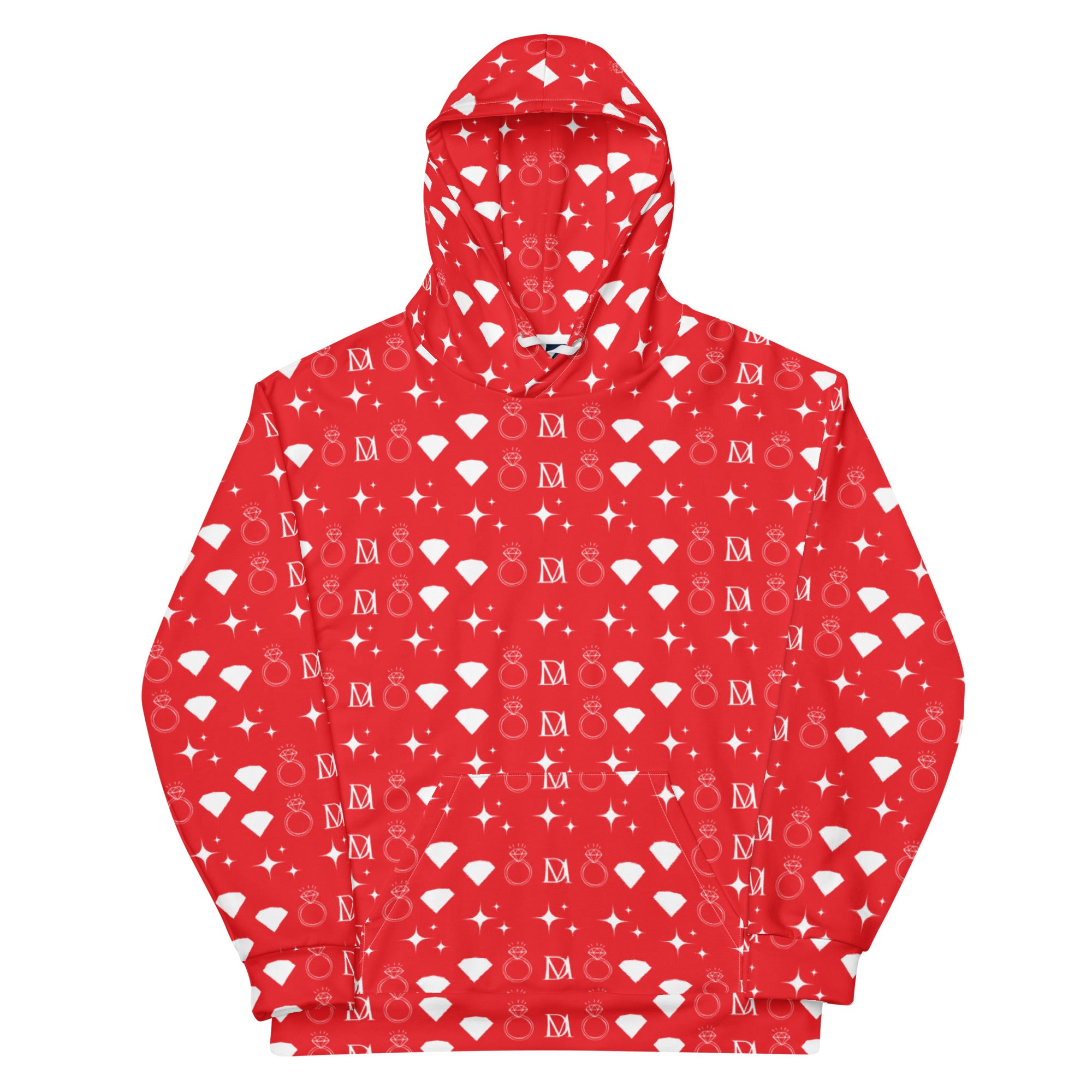 Unisex white hoodie with all-over frosted diamond stardust print, featuring a front pocket and adjustable hood, by Daemon.
