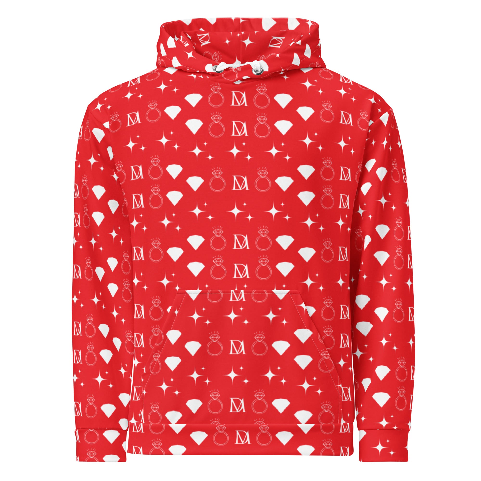 Recycled white hoodie with all-over frosted diamond and stardust print, unisex design by Daemon featuring a front view.