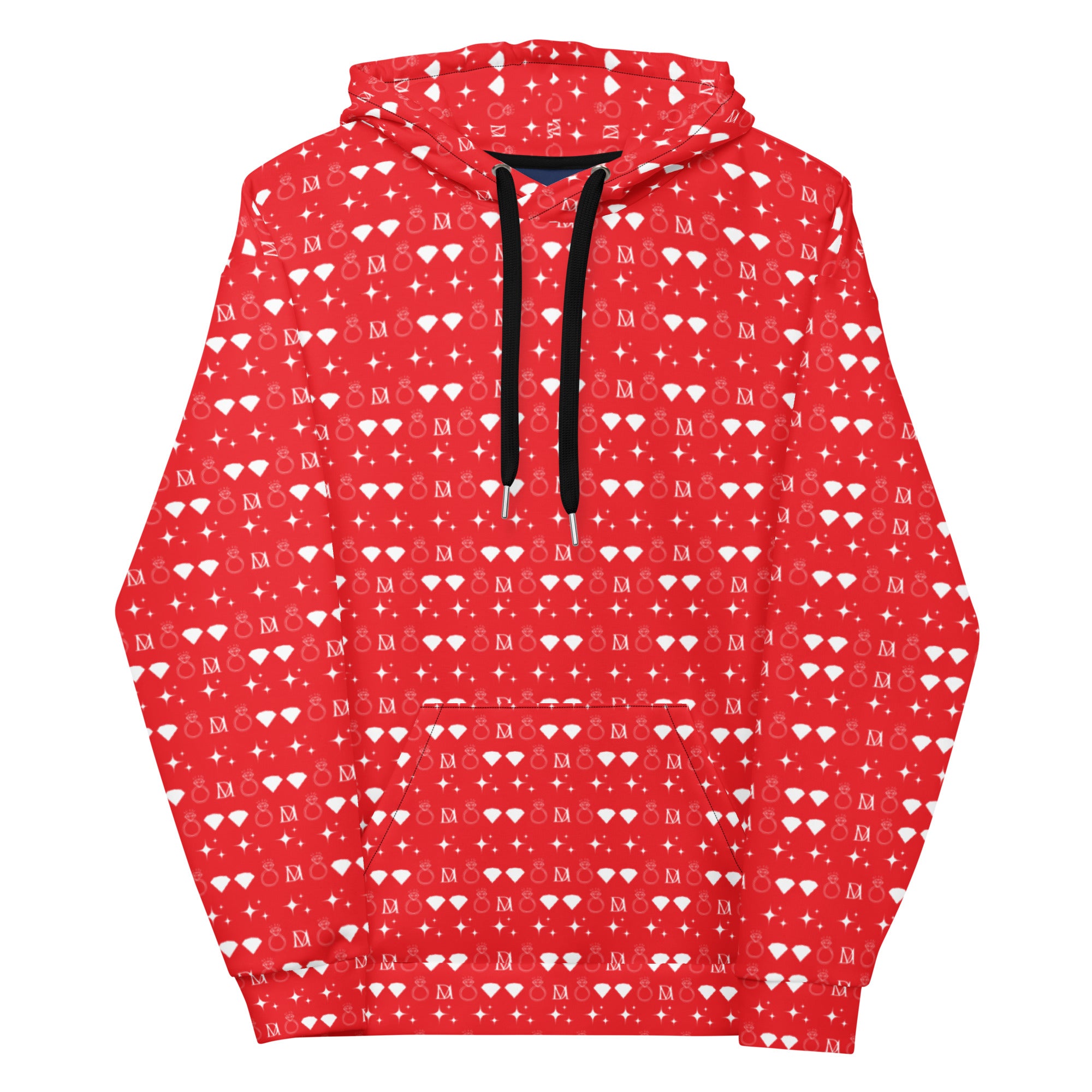 White unisex hoodie with all-over frosted diamond print by Daemon, featuring a comfortable hooded design.