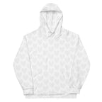 White Heartfelt (Artica) unisex hoodie by Daemon Luxury with all-over recycled print and front pocket detail.