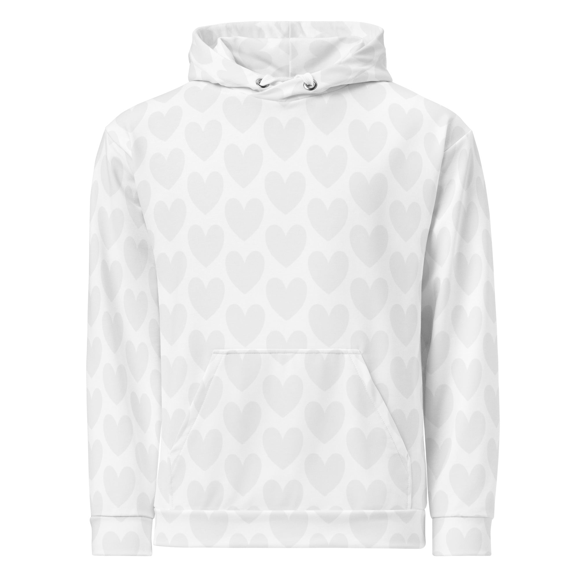 White Heartfelt Artica unisex hoodie by Daemon Luxury with all-over recycled print and front pocket detail.