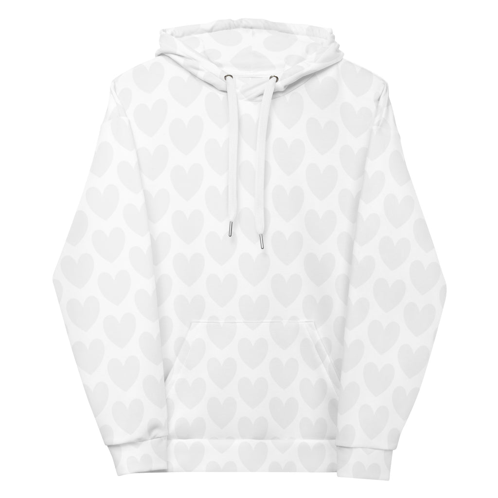 White Heartfelt (Artica) unisex hoodie by Daemon Luxury with all-over recycled print and front design.