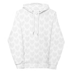 White Heartfelt (Artica) unisex hoodie by Daemon Luxury with all-over recycled print and front design.