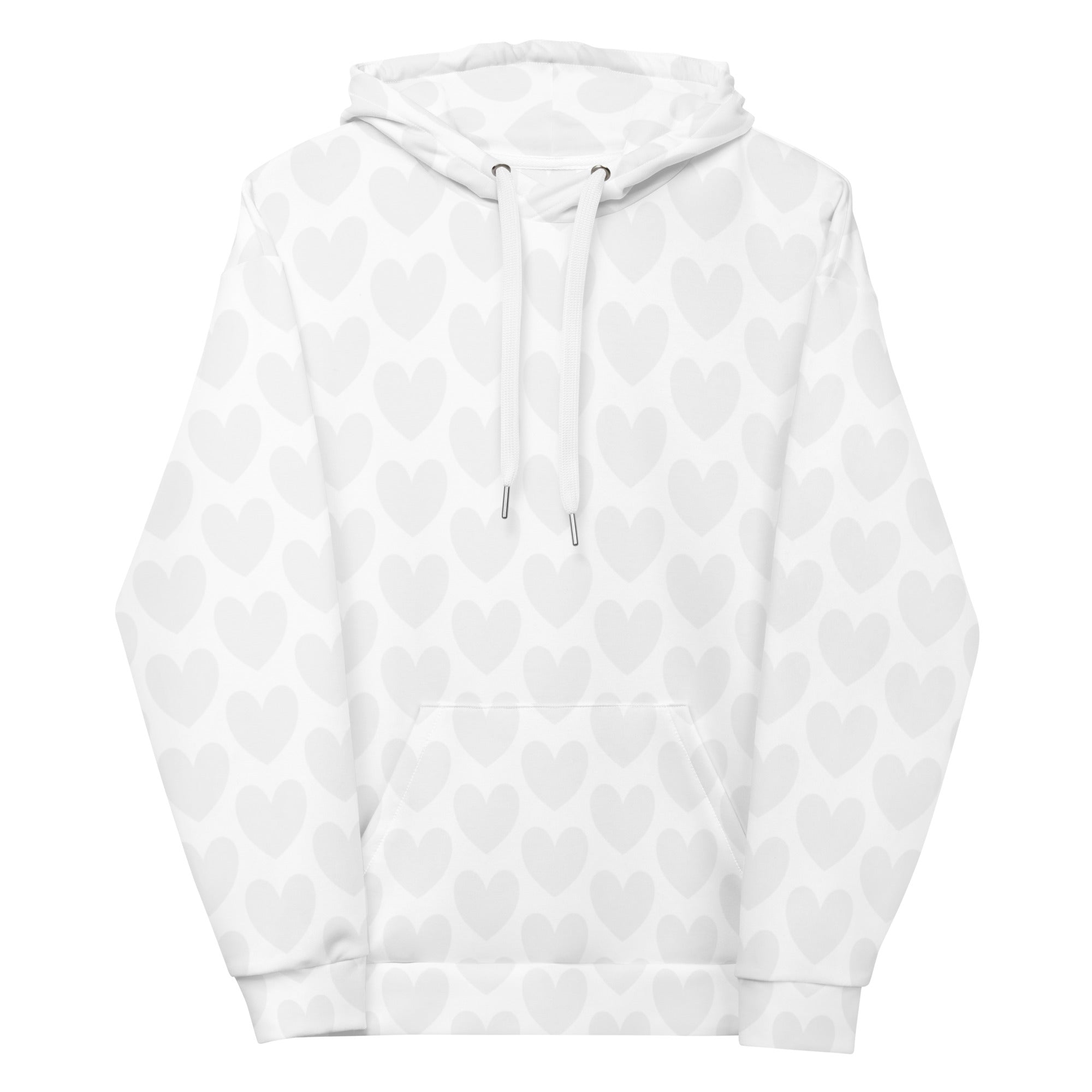 White Heartfelt (Artica) unisex hoodie by Daemon Luxury with all-over recycled print and front design.