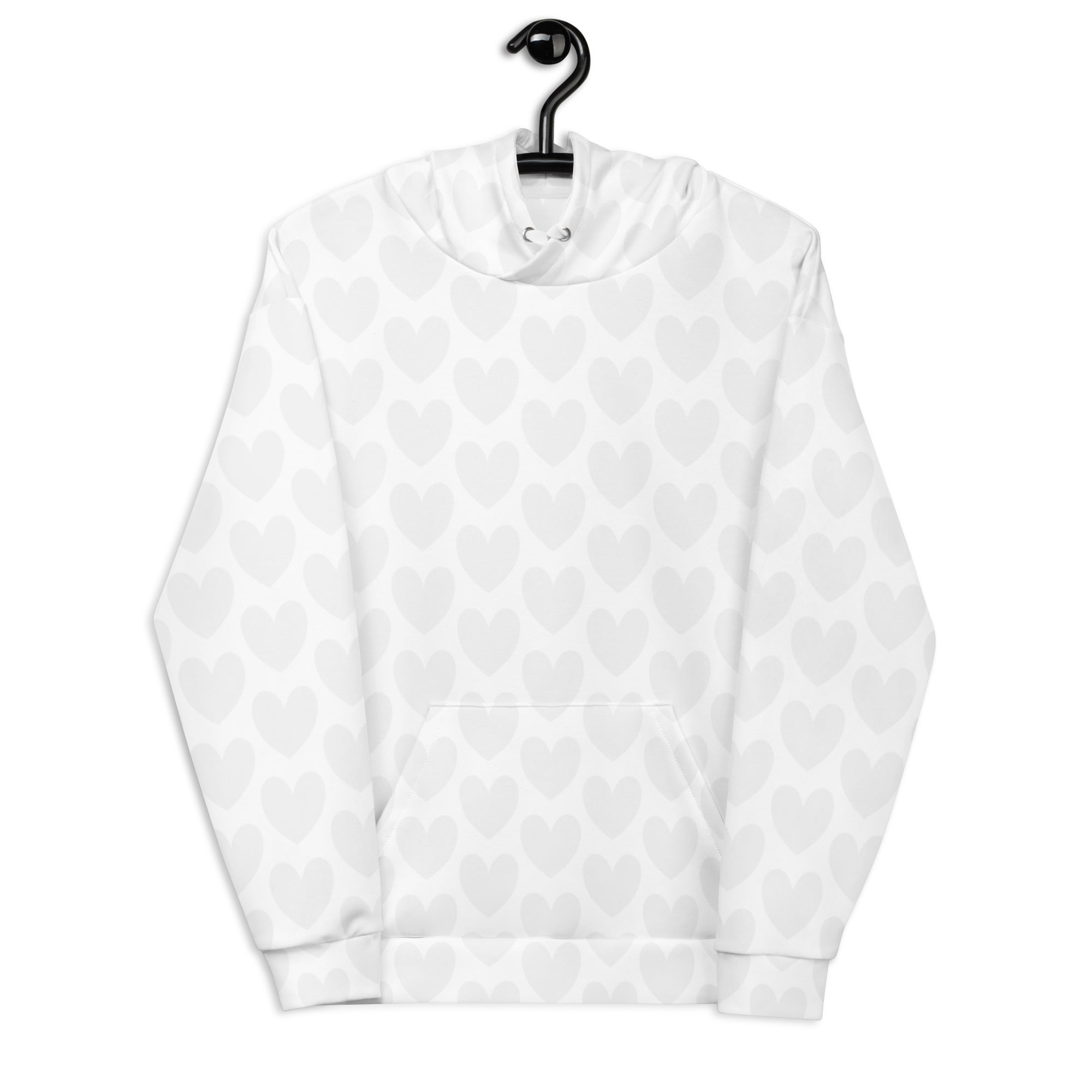 White all-over-print Heartfelt Artica unisex hoodie by Daemon Luxury featuring a recycled fabric design and a front view.