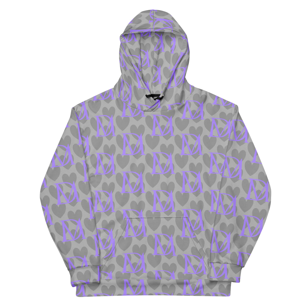 Unisex Daemon Luxury 5 Star System Cloudy Grey hoodie with all-over recycled print, front view of the casual hooded sweatshirt
