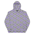 Unisex Daemon Luxury 5 Star System Cloudy Grey hoodie with all-over recycled print, front view of the casual hooded sweatshirt