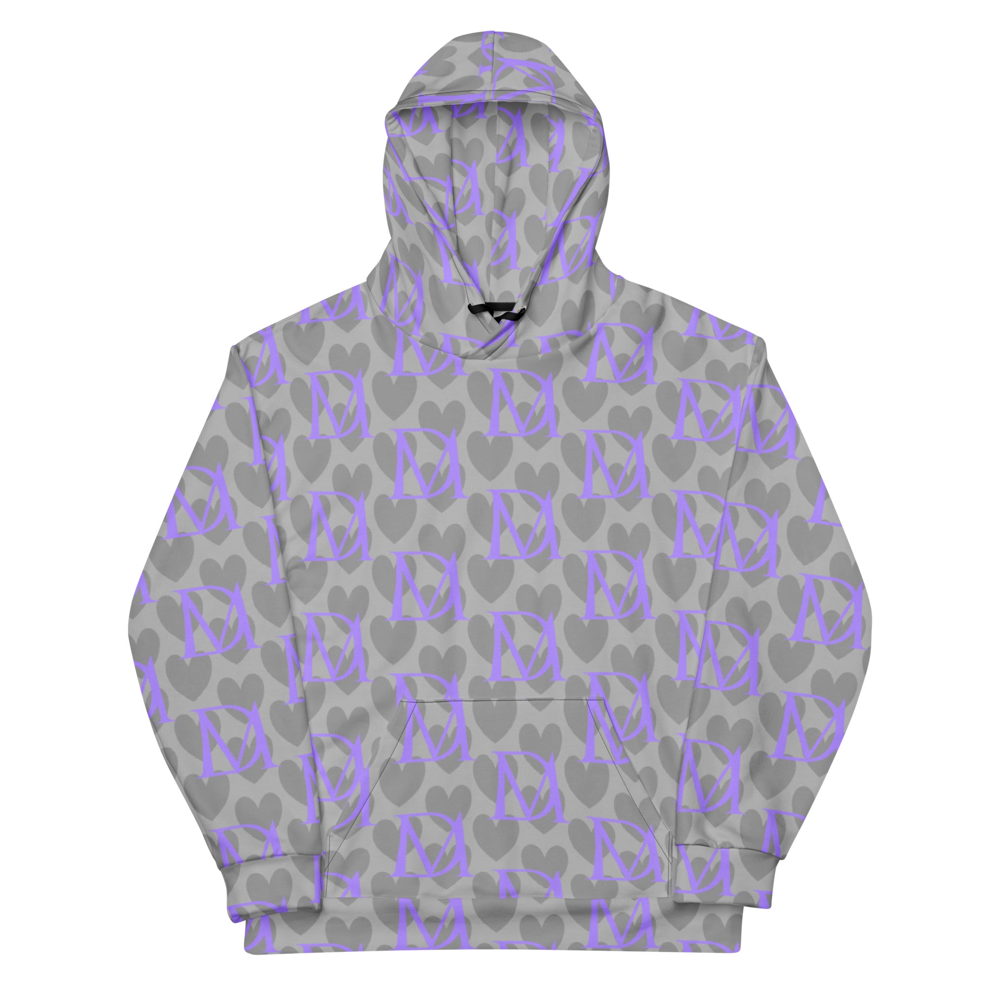 Unisex Daemon Luxury 5 Star System Cloudy Grey hoodie with all-over recycled print, front view of the casual hooded sweatshirt