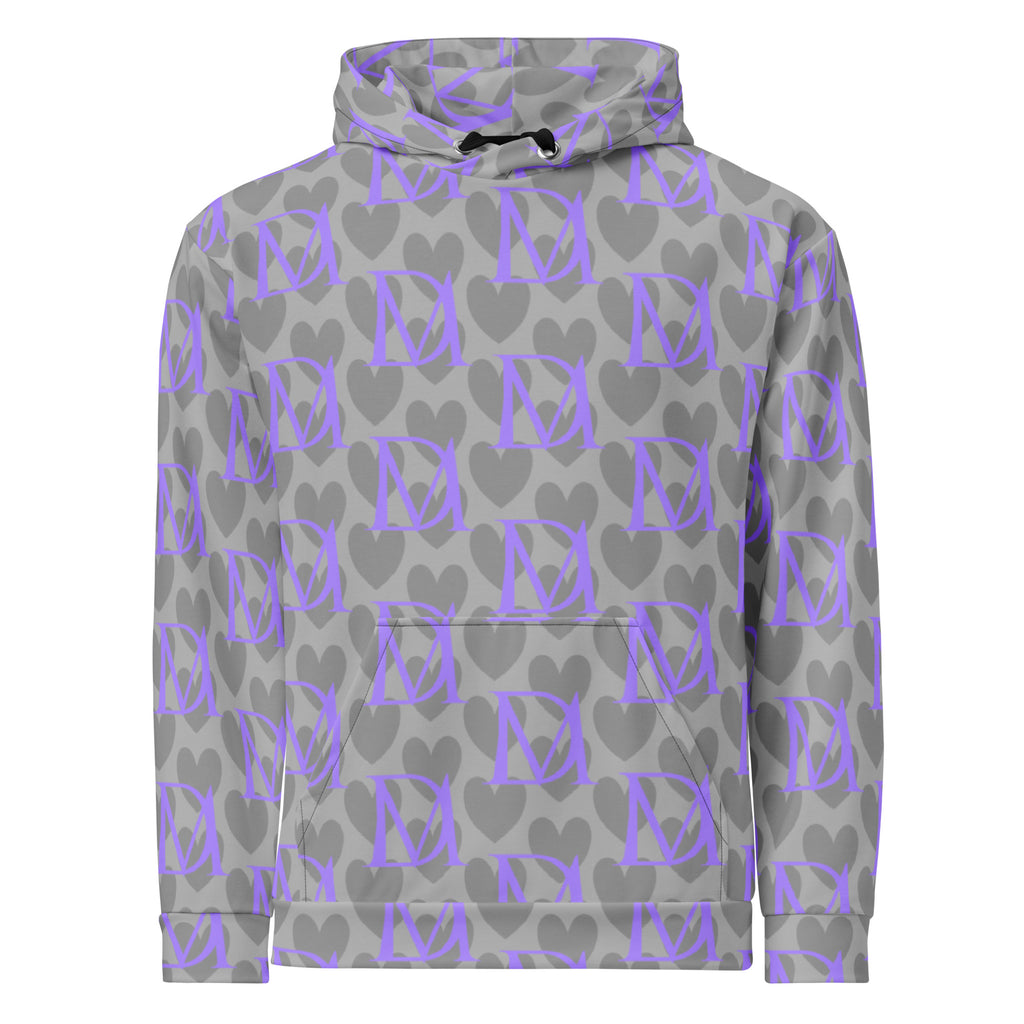Unisex recycled hoodie with all-over cloudy grey print by Daemon Luxury, featuring a front view and hood.