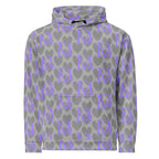 Unisex recycled hoodie with all-over cloudy grey print by Daemon Luxury, featuring a front view and hood.