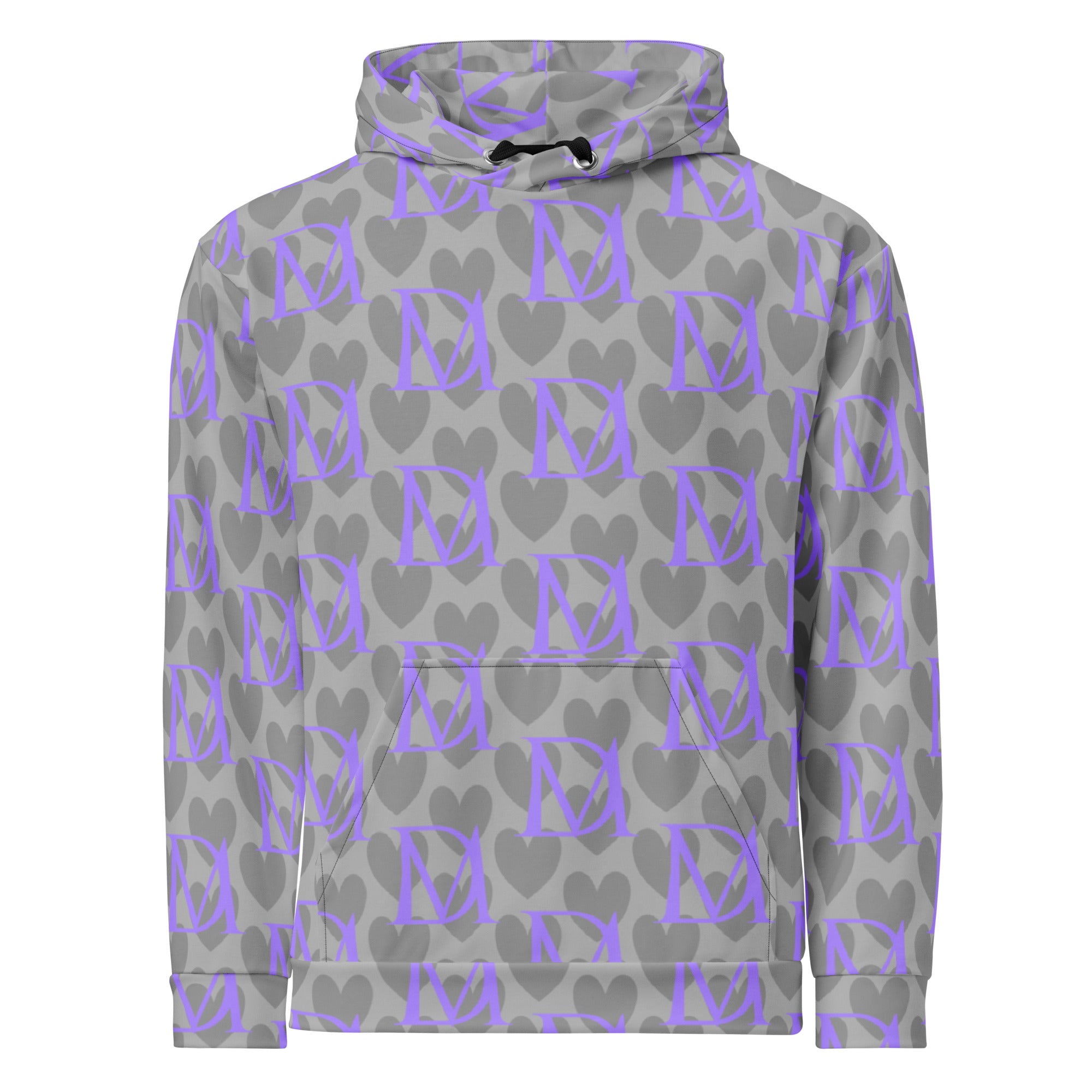 Unisex recycled hoodie with all-over cloudy grey print by Daemon Luxury, featuring a front view and hood.