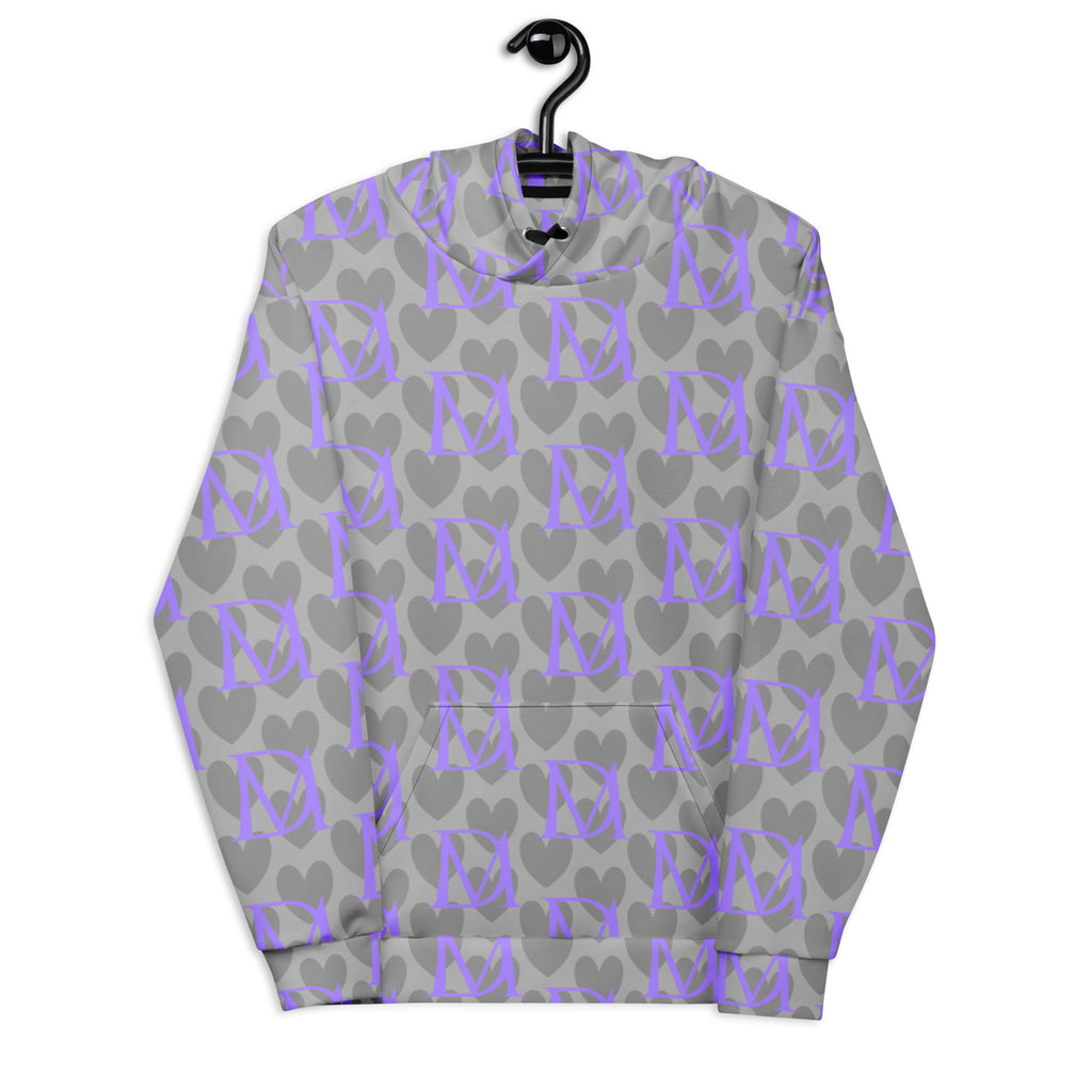 Unisex recycled hoodie with all-over cloudy grey print and white background, featuring a hood, from Daemon Luxury's 5 Star System collection.
