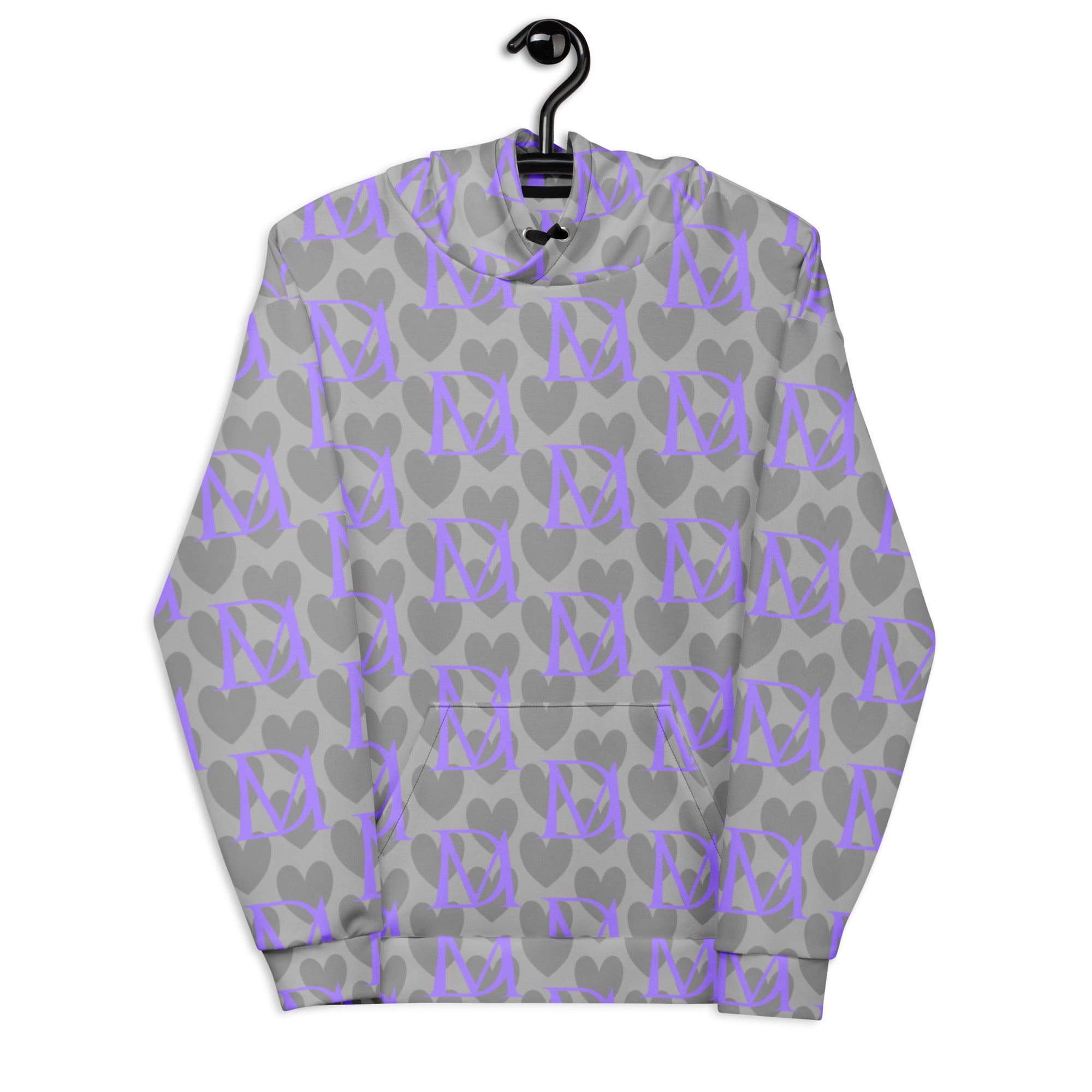 Unisex recycled hoodie with all-over cloudy grey print and white background, featuring a hood, from Daemon Luxury's 5 Star System collection.