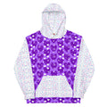 Unisex white hoodie with all-over frosted diamond Picasso mirror print by Daemon Luxury, featuring a front view and hood.