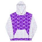 Unisex white hoodie with all-over frosted diamond Picasso mirror print by Daemon Luxury, featuring a front view and hood.