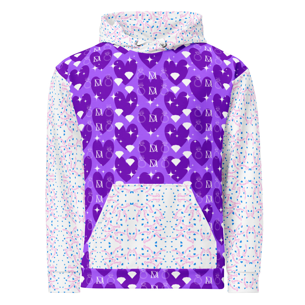 White recycled unisex hoodie featuring all-over frosted diamond Picasso mirror print by Daemon Luxury.