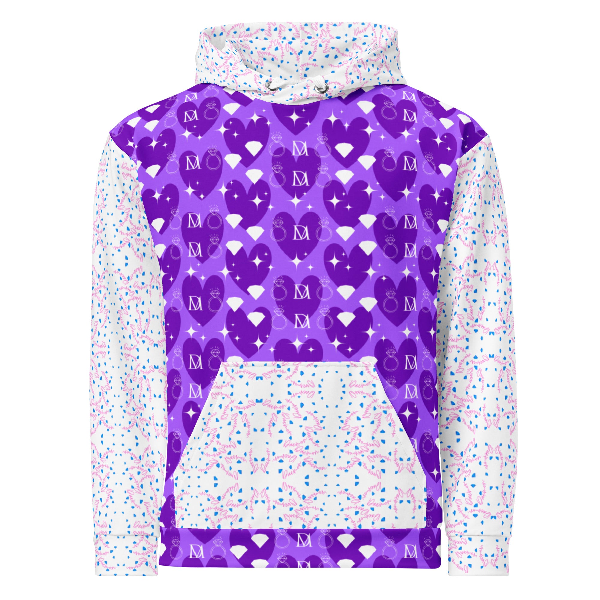 White recycled unisex hoodie featuring all-over frosted diamond Picasso mirror print by Daemon Luxury.