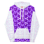 Unisex white hoodie featuring all-over print of frosted diamonds Picasso mirrors design by Daemon Luxury.