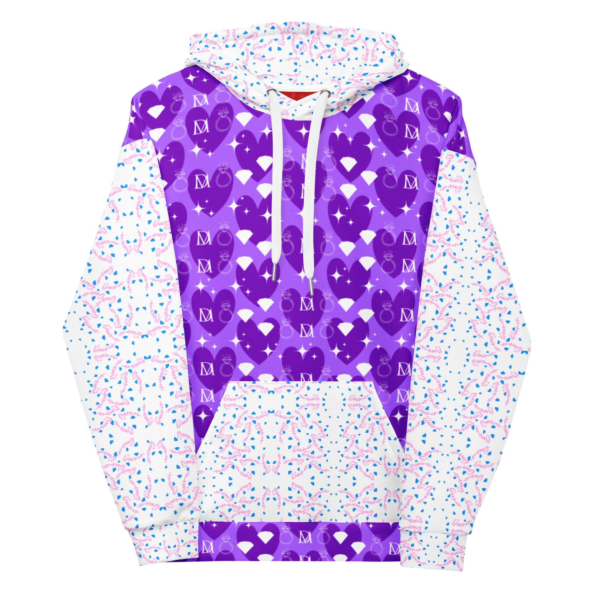 Unisex white hoodie featuring all-over print of frosted diamonds Picasso mirrors design by Daemon Luxury.