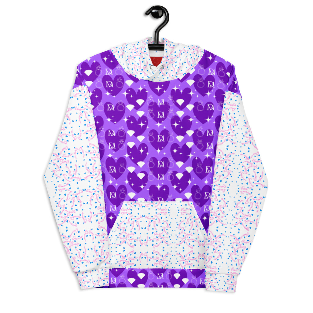 Unisex white hoodie featuring all-over recycled print of frosted diamonds and Picasso mirrors by Daemon Luxury.