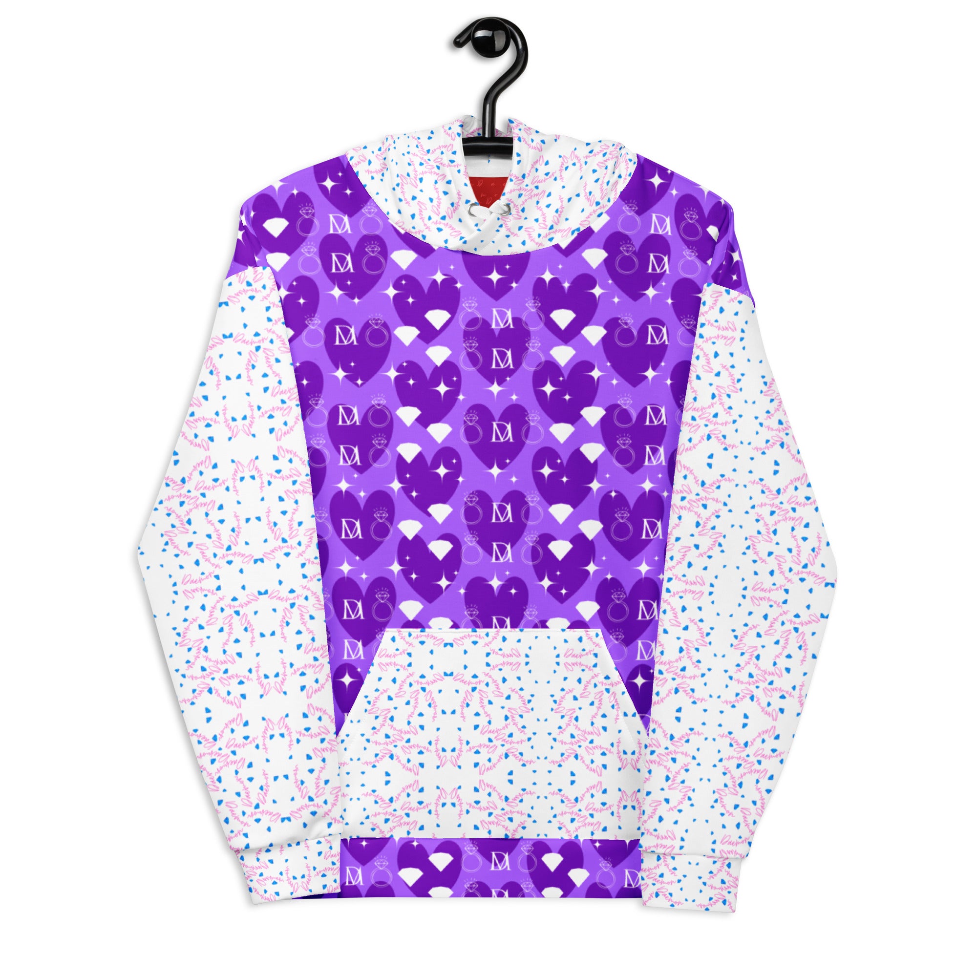 Unisex white hoodie featuring all-over recycled print of frosted diamonds and Picasso mirrors by Daemon Luxury.