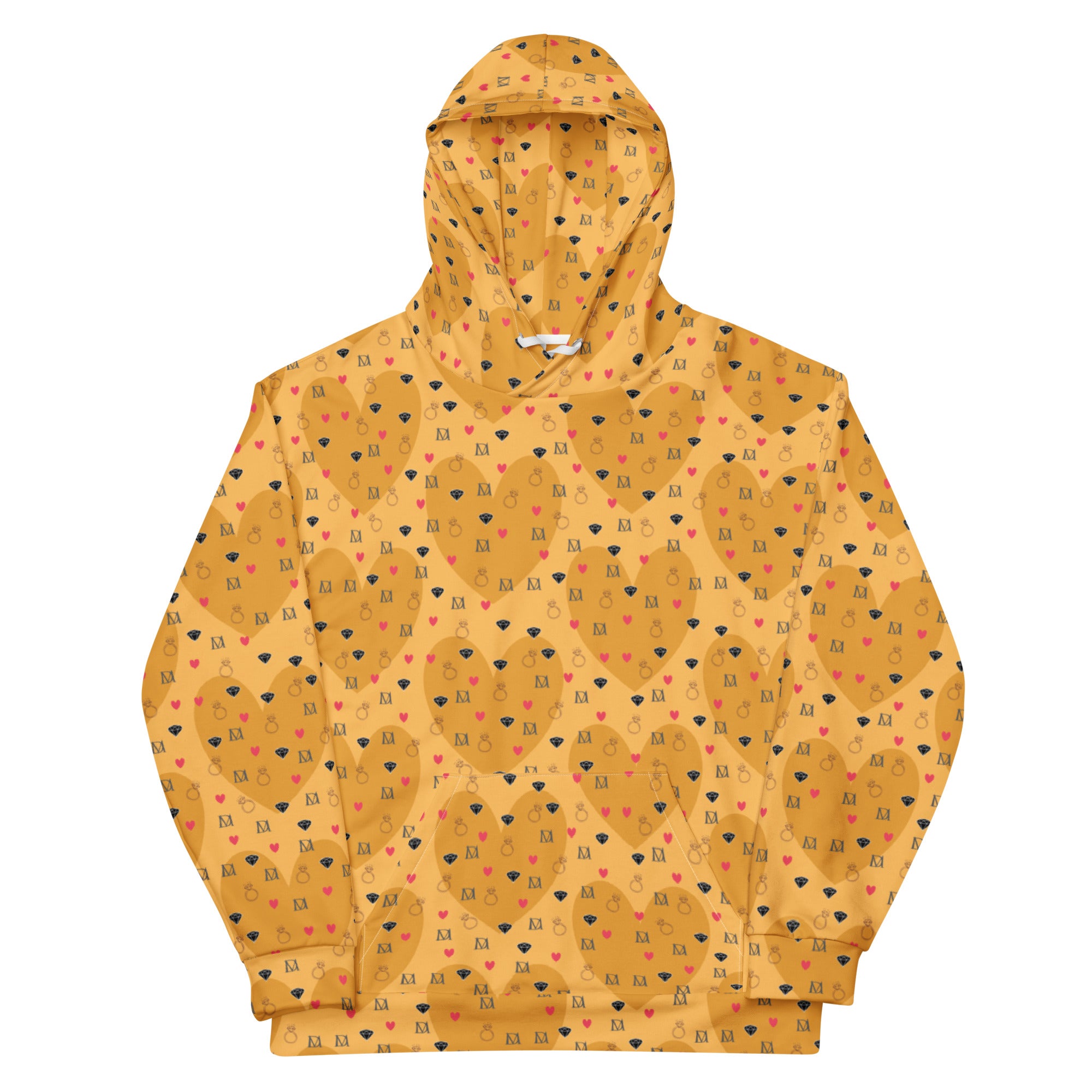 White unisex hoodie with all-over print featuring "Foreigners Romance" design by Daemon Luxury, casual streetwear style.
