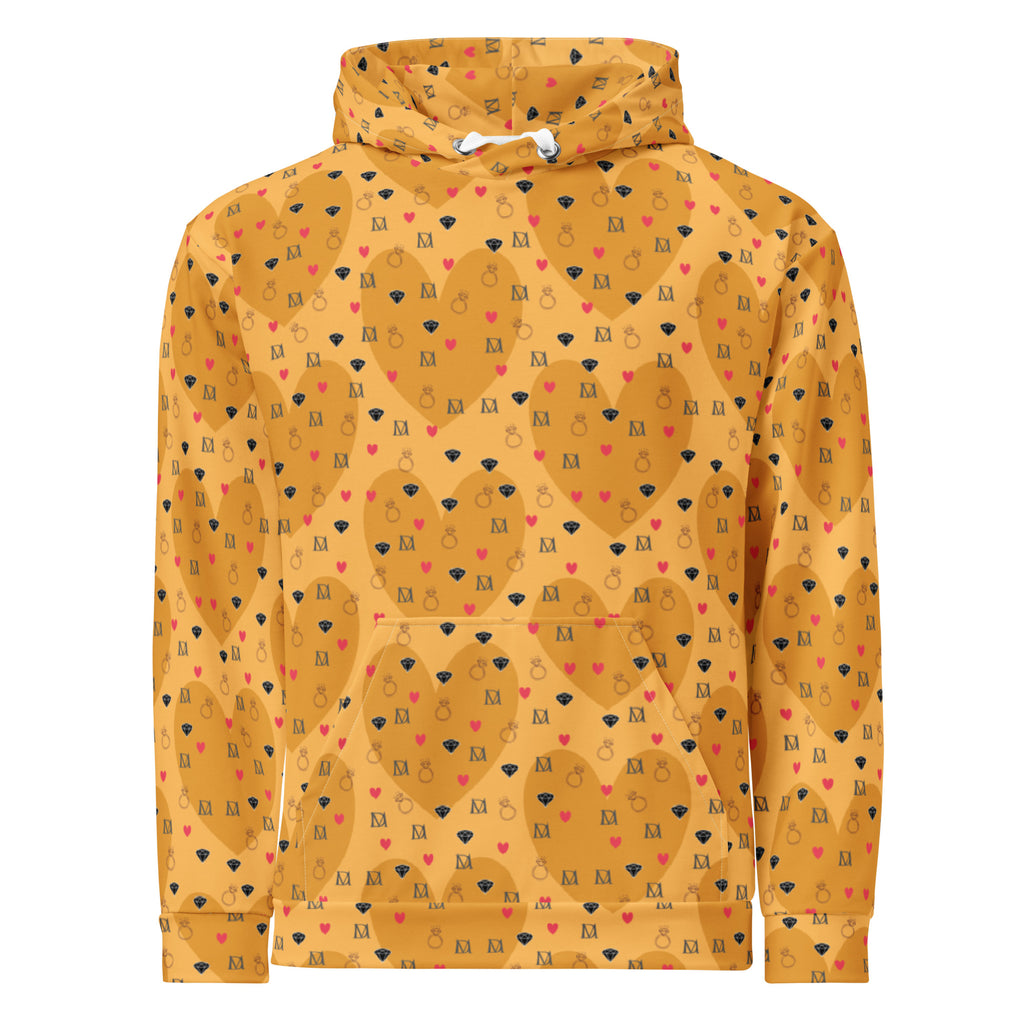 White unisex hoodie with all-over print featuring Foreigners Romance design by Daemon Luxury, casual streetwear style.