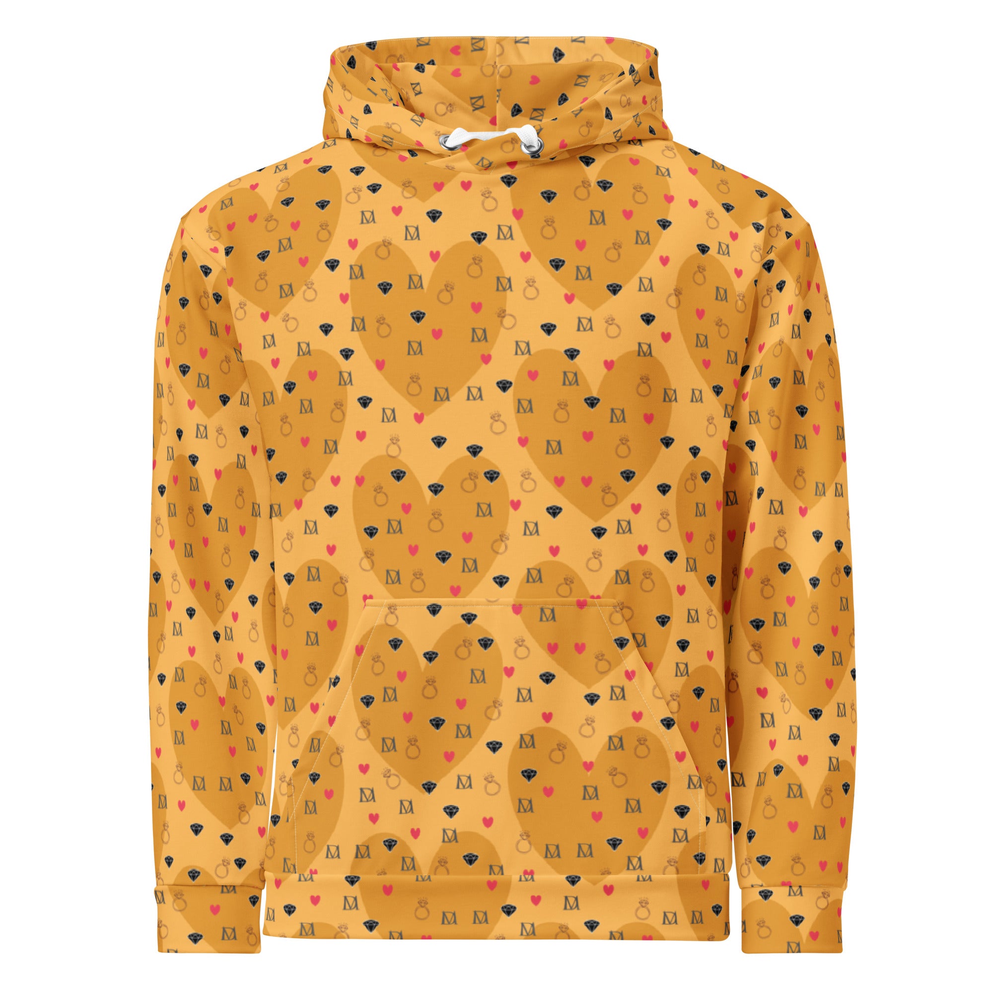White unisex hoodie with all-over print featuring Foreigners Romance design by Daemon Luxury, casual streetwear style.