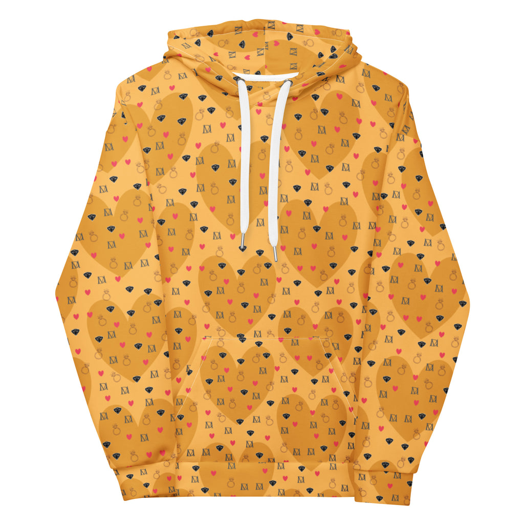 All-over-print white unisex hoodie with "Foreigners Romance" design by Daemon Luxury, featuring a stylish, recycled fabric construction.