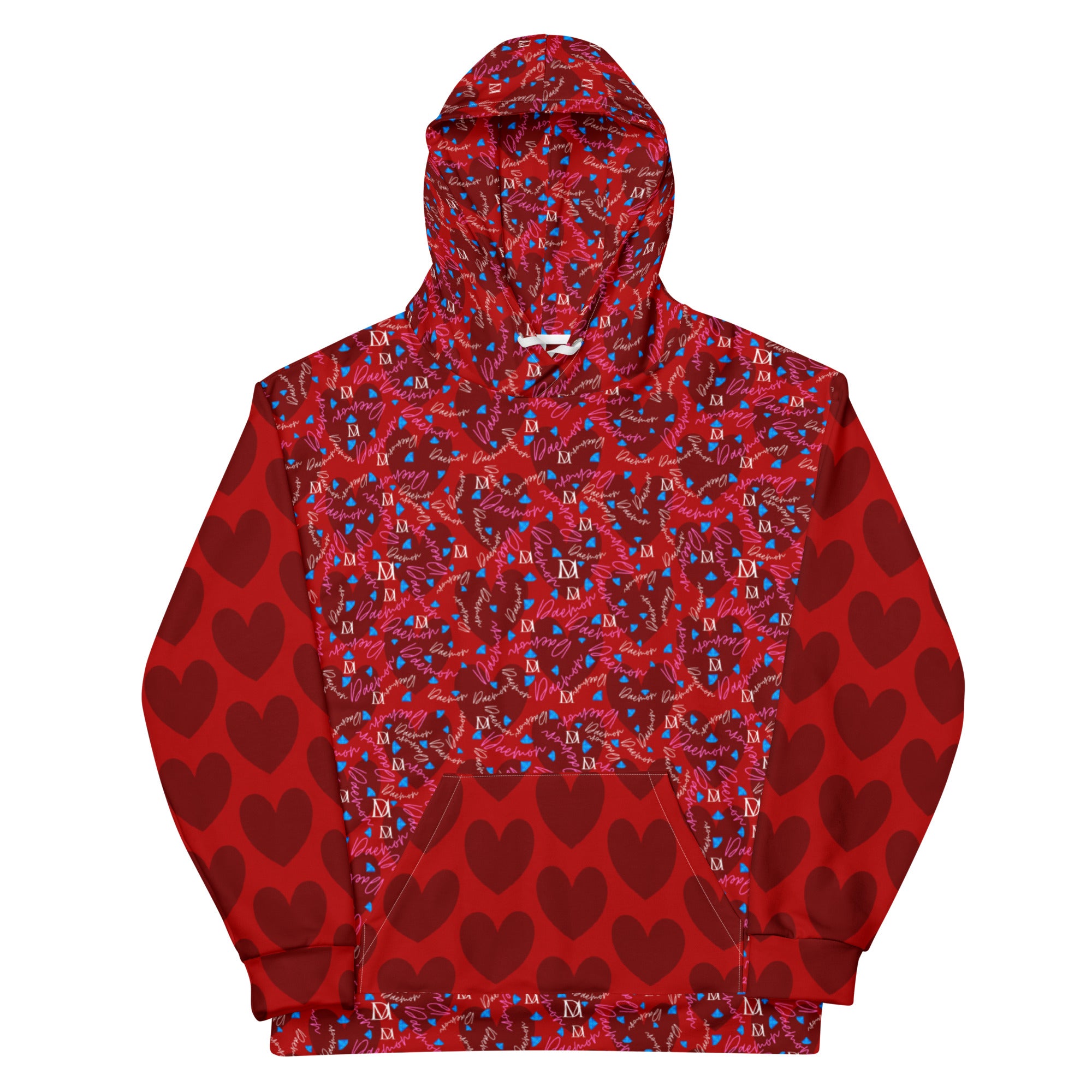 White unisex hoodie with all-over Picasso Mirrors Trail Bloods print from Daemon Luxury, featuring a front view.