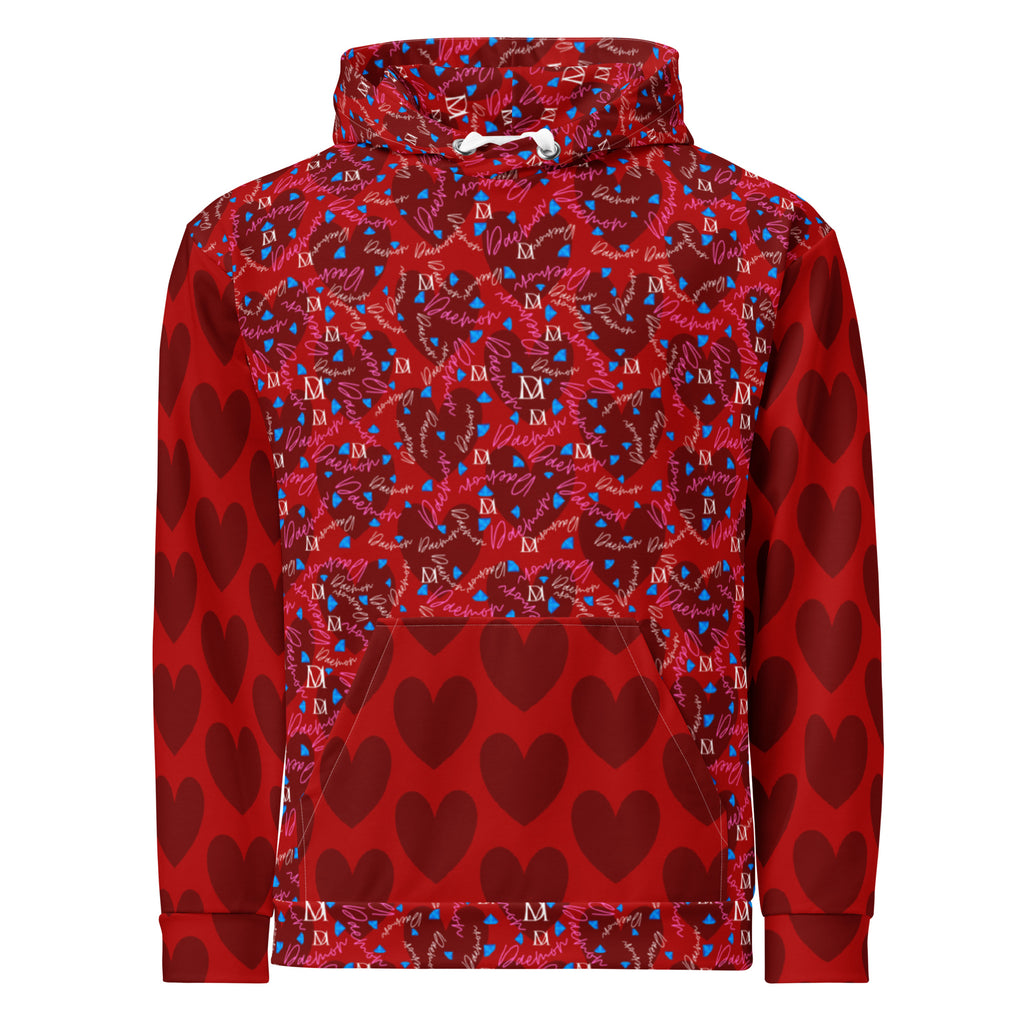White all-over-print recycled unisex hoodie featuring Picasso Mirrors (Trail Bloods) design by Daemon Luxury.