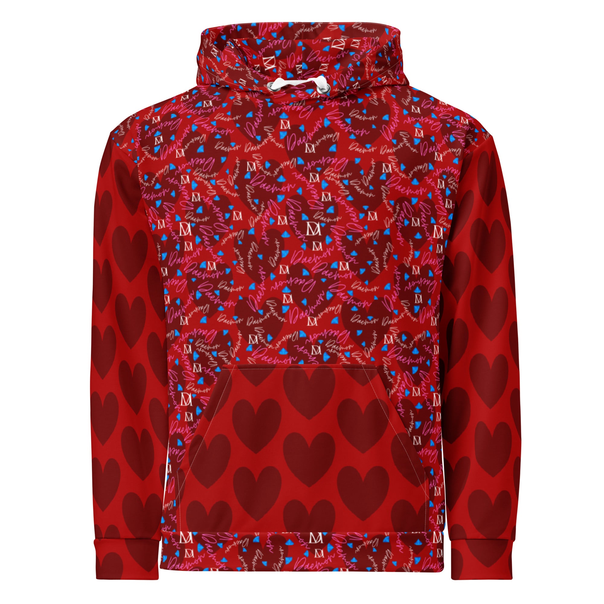 White all-over-print recycled unisex hoodie featuring Picasso Mirrors (Trail Bloods) design by Daemon Luxury.