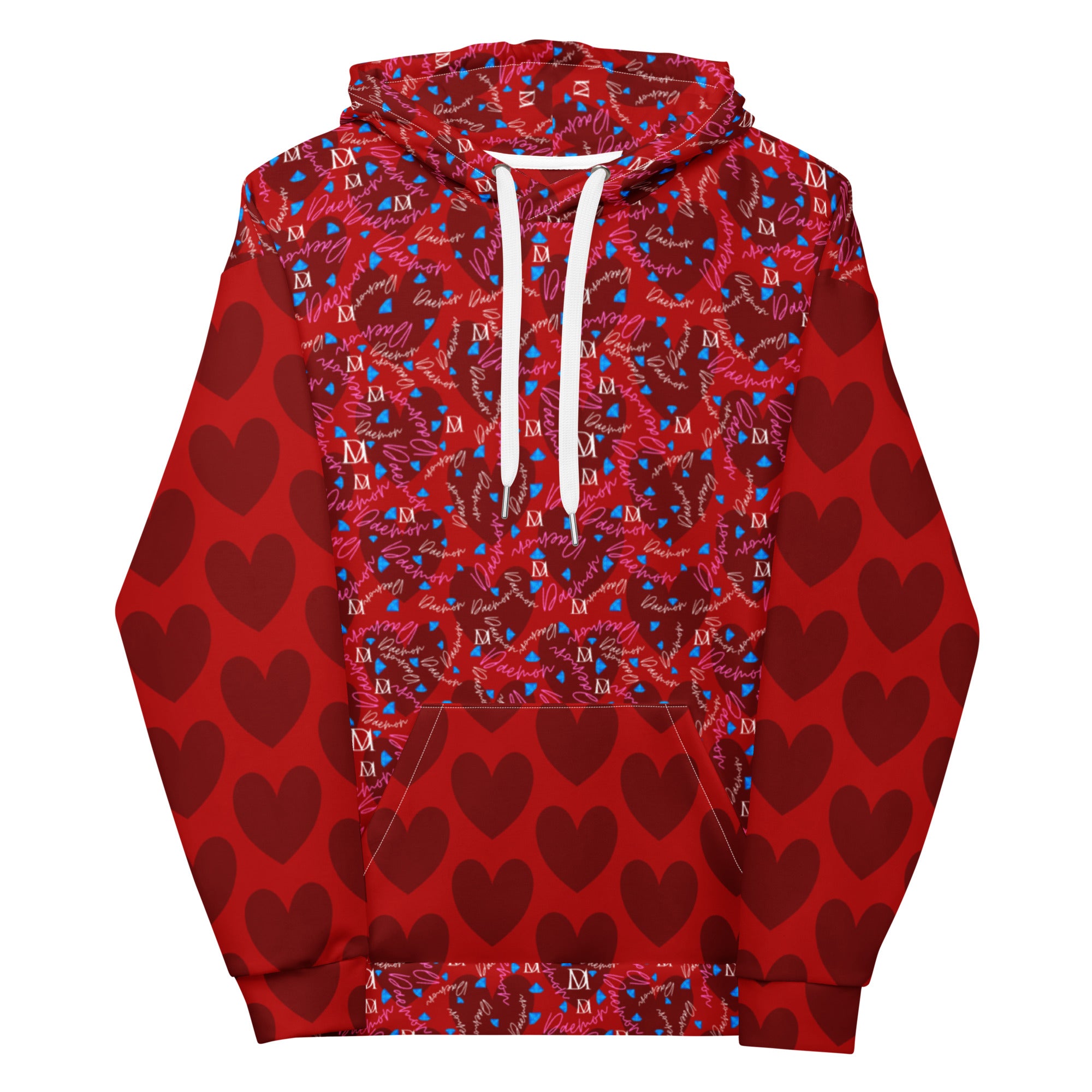 Daemon Luxury Picasso Mirrors Trail Bloods unisex hoodie with all-over white recycled print, featuring a hood and front design.