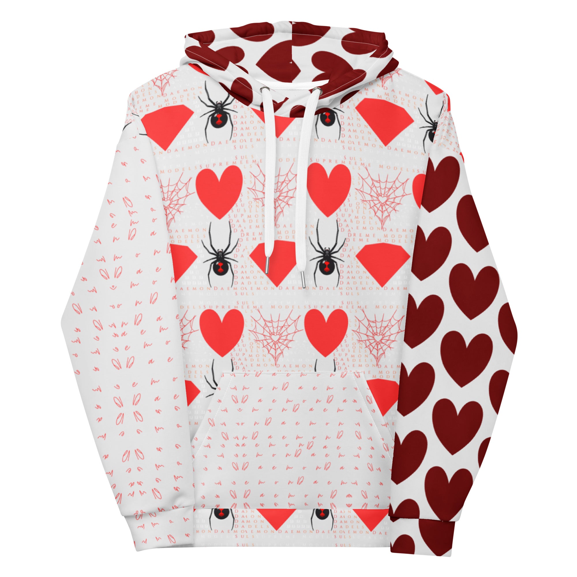 Recycled white unisex hoodie with all-over print of frosted hearts design by Daemon Luxury, featuring a cozy hood and front view.