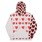Daemon Luxury Frosted Hearts unisex hoodie with all-over recycled print and hood, featuring a white background and heart designs.