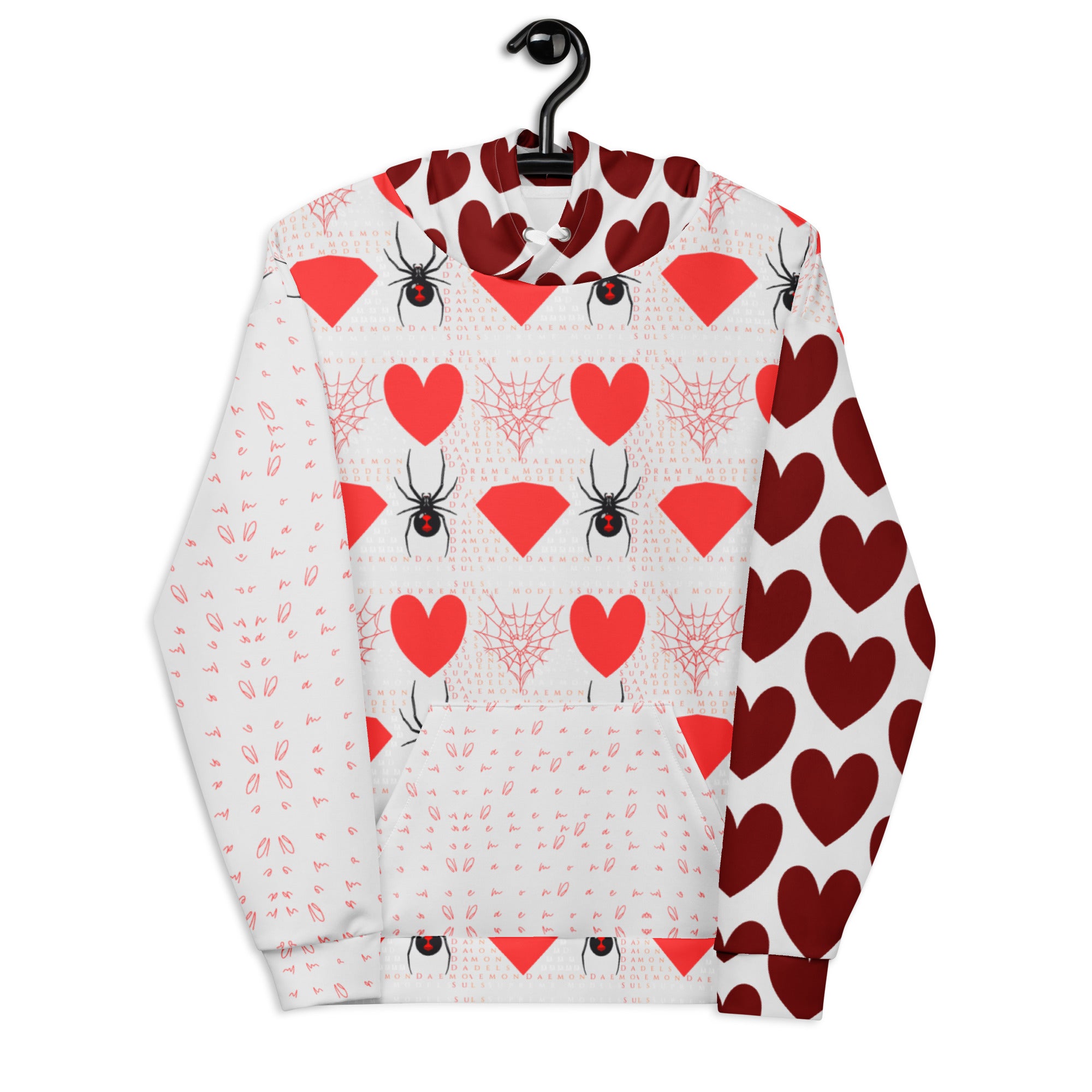 Recycled white unisex hoodie with all-over print of frosted hearts design by Daemon Luxury, featuring a cozy hood and front view.