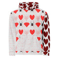 White Daemon Luxury Frosted Hearts unisex hoodie with all-over-print recycled fabric and hood, featuring heart patterns.