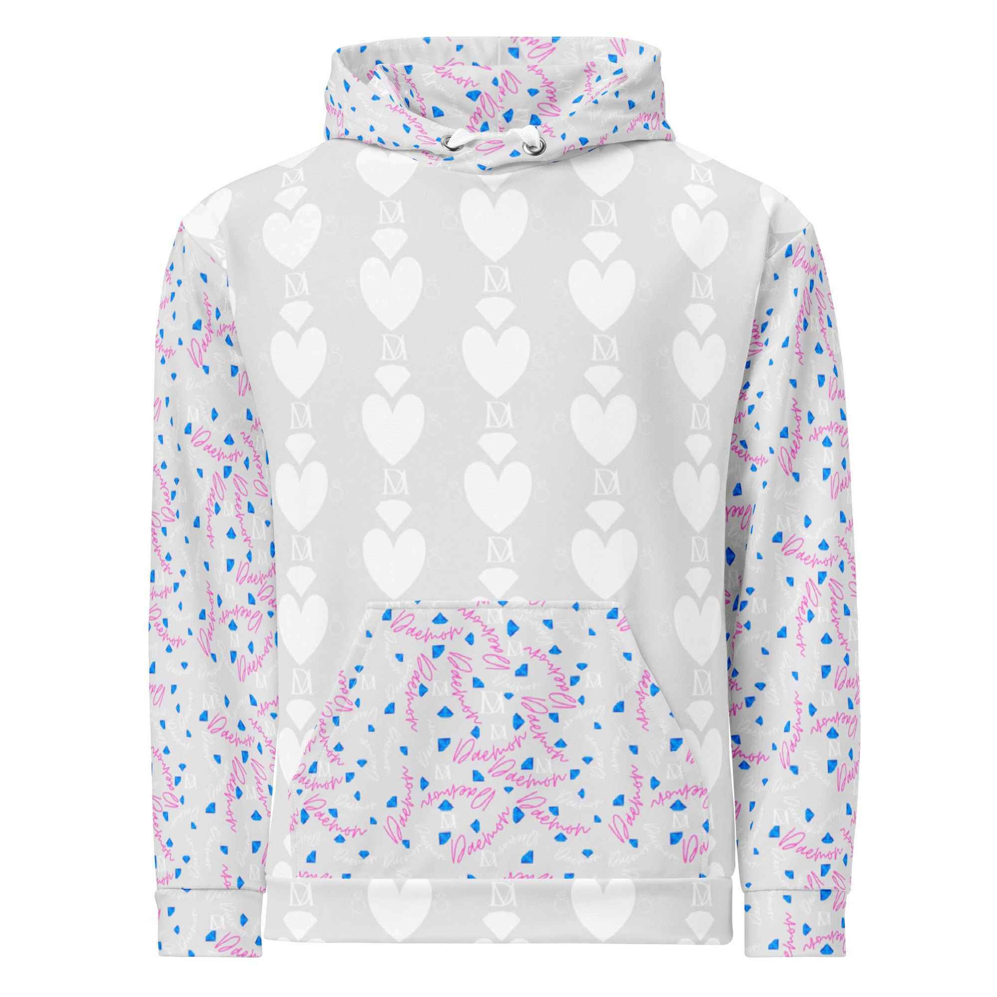 White recycled unisex hoodie with all-over frosted hearts print from Daemon Luxury Picasso Mirrors collection, front view.