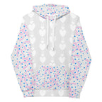 Daemon Luxury Picasso Mirrors frosted hearts unisex hoodie featuring all-over print on white recycled fabric, front view.