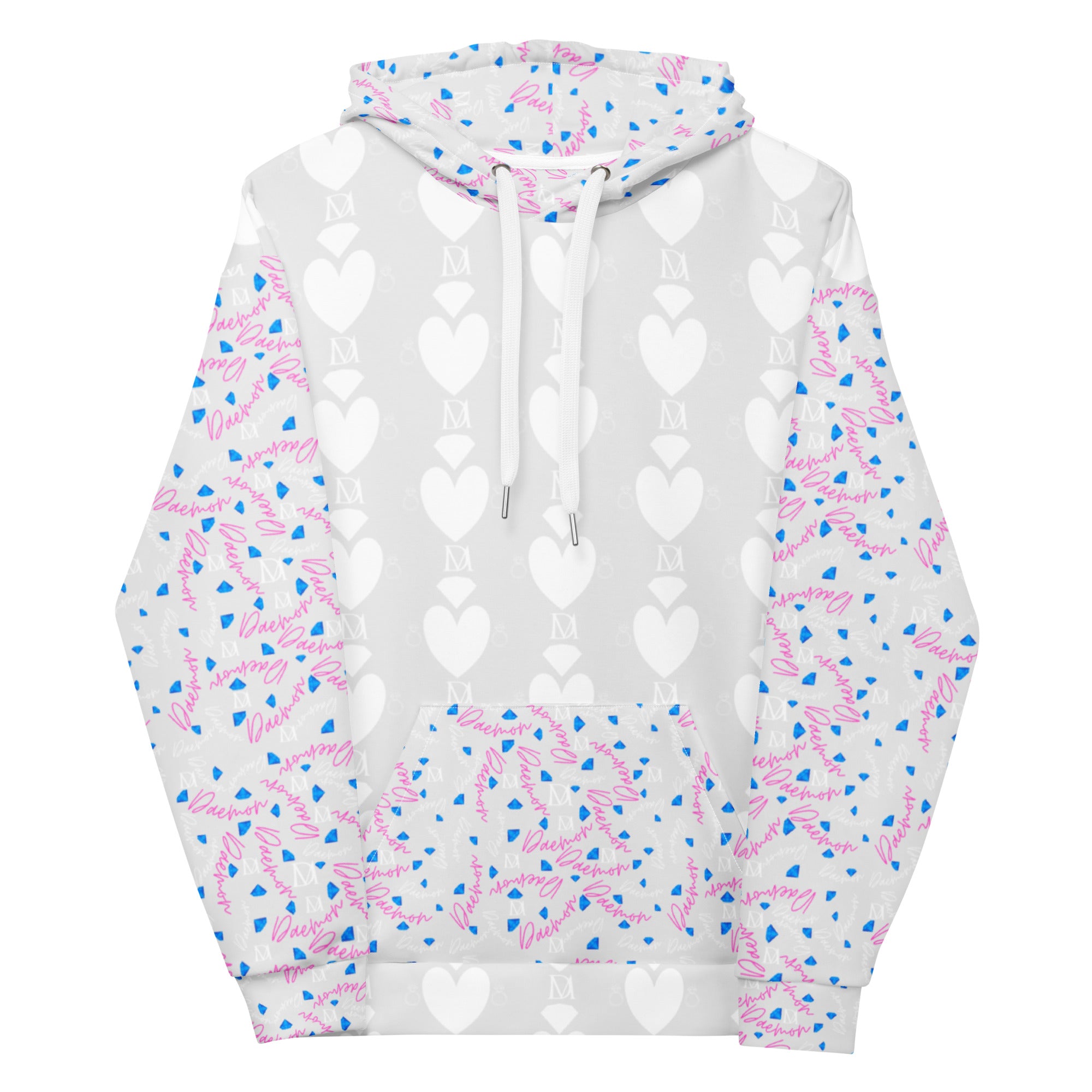 Daemon Luxury Picasso Mirrors frosted hearts unisex hoodie featuring all-over print on white recycled fabric, front view.