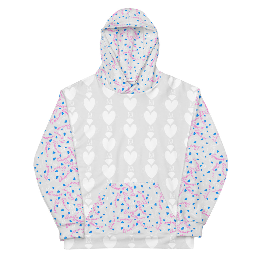 Daemon Luxury Picasso Mirrors Frosted Hearts unisex hoodie with all-over recycled print, white front, casual and stylish.