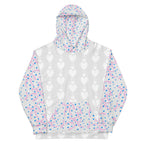Daemon Luxury Picasso Mirrors Frosted Hearts unisex hoodie with all-over recycled print, white front, casual and stylish.