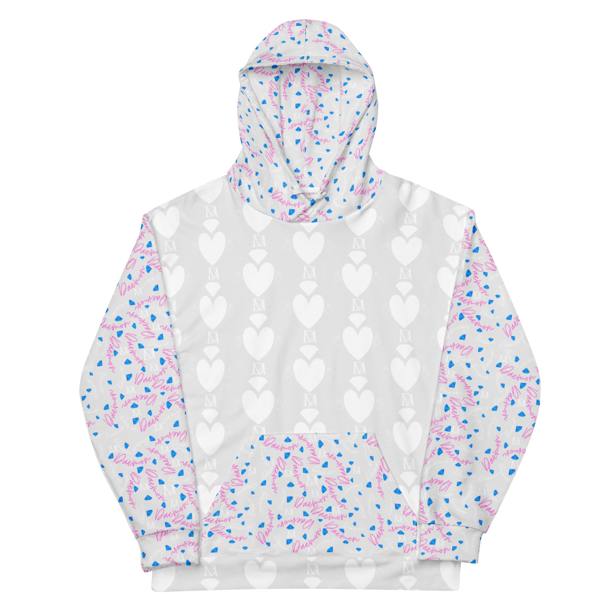 Daemon Luxury Picasso Mirrors Frosted Hearts unisex hoodie with all-over recycled print, white front, casual and stylish.