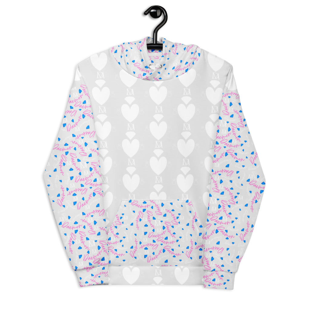 Daemon Luxury Picasso Mirrors frosted hearts unisex hoodie with all-over recycled print, white front view.