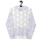 Daemon Luxury Picasso Mirrors frosted hearts unisex hoodie with all-over recycled print, white front view.