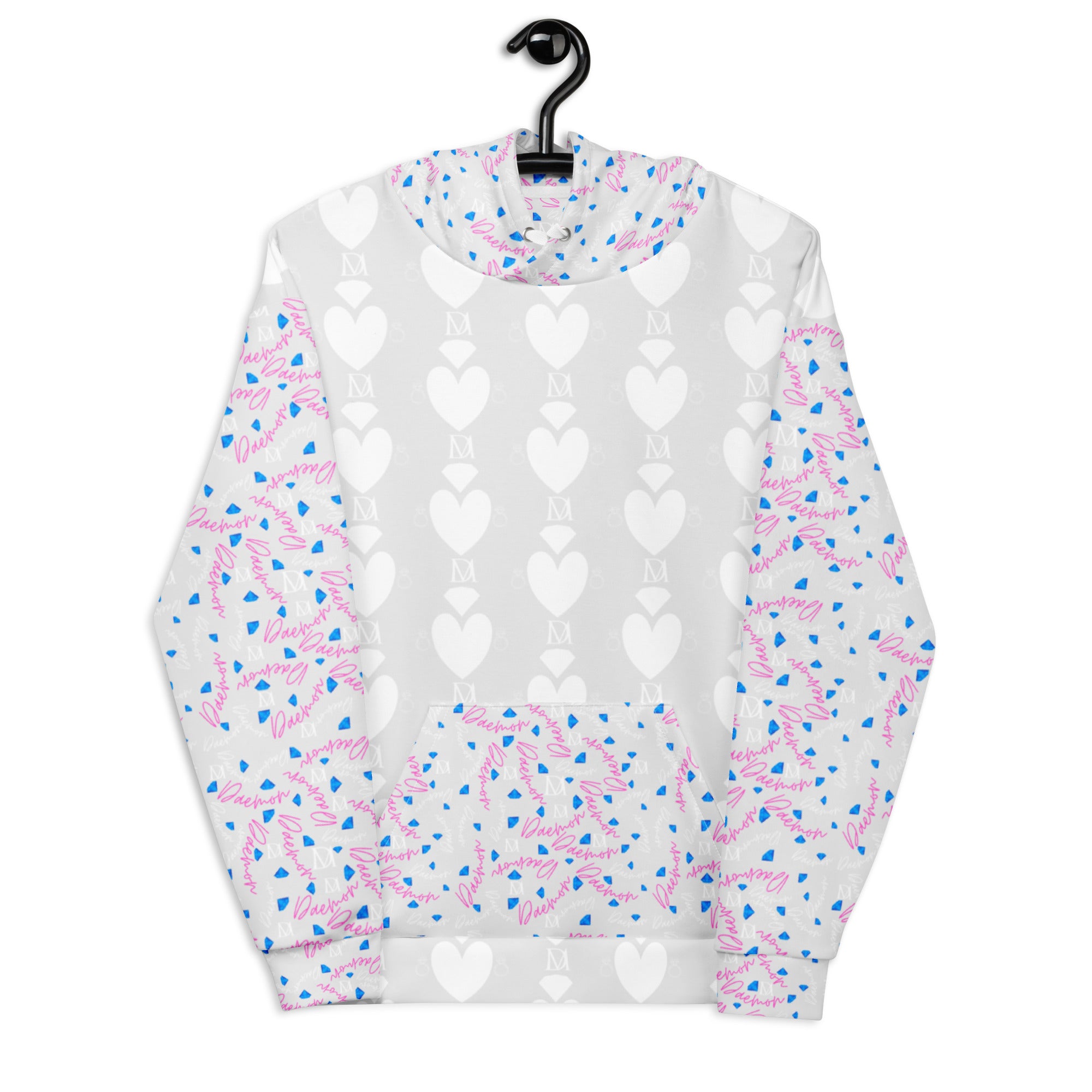 Daemon Luxury Picasso Mirrors frosted hearts unisex hoodie with all-over recycled print, white front view.
