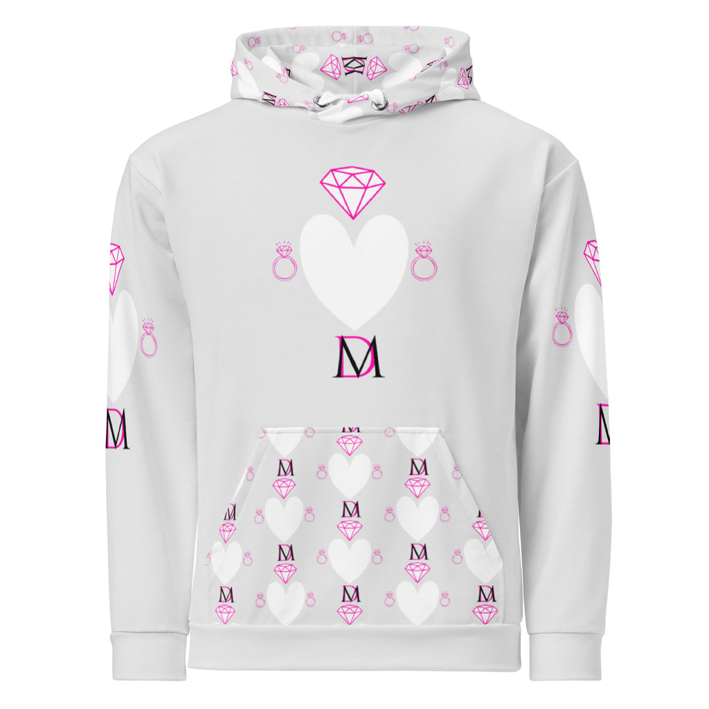 White Daemon Luxury Frosted Hearts unisex hoodie with all-over-print recycled fabric and heart pattern on the front.