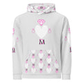 White Daemon Luxury Frosted Hearts unisex hoodie with all-over-print recycled fabric and heart pattern on the front.
